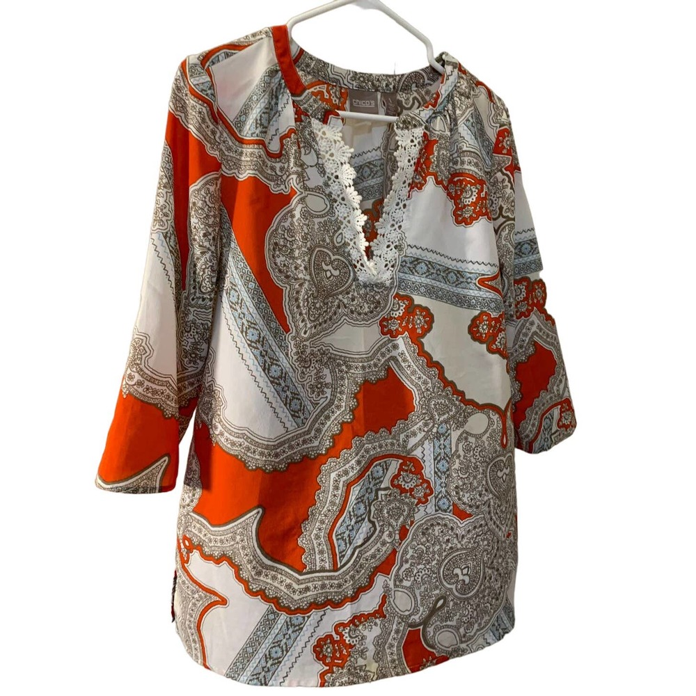 CHICO'S Lace Trim V-Neck  3/4 Sleeve Pop Over Tunic Blouse Womens 1 (M Medium)